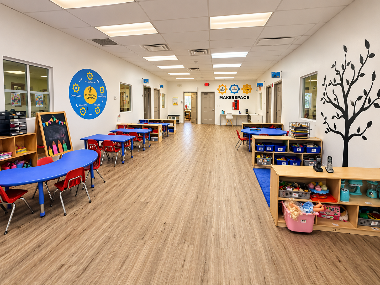 The makerspace at Ebenezer Academy with tables, building toys, and hands-on materials